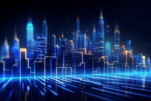 Futuristic cyberpunk digital smart city blue neon lights skyscrapers urban architecture building wireless network tech connection abstract background future technology virtual reality photo