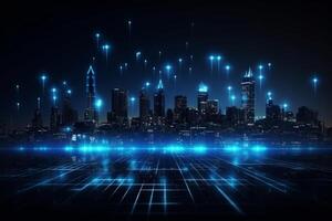 Futuristic cyberpunk digital smart city blue neon lights skyscrapers urban architecture building wireless network tech connection abstract background future technology virtual reality photo
