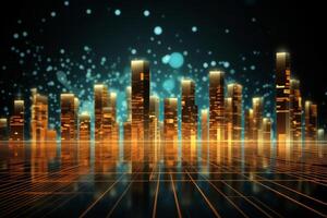 Futuristic cyberpunk digital smart city blue neon lights skyscrapers urban architecture building wireless network tech connection abstract background future technology virtual reality photo