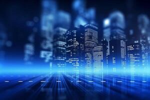 Futuristic cyberpunk digital smart city blue neon lights skyscrapers urban architecture building wireless network tech connection abstract background future technology virtual reality photo