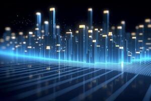 Futuristic cyberpunk digital smart city blue neon lights skyscrapers urban architecture building wireless network tech connection abstract background future technology virtual reality photo