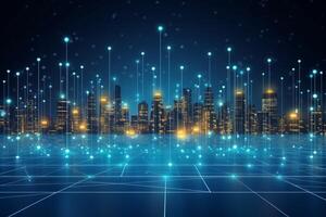 Futuristic cyberpunk digital smart city blue neon lights skyscrapers urban architecture building wireless network tech connection abstract background future technology virtual reality photo