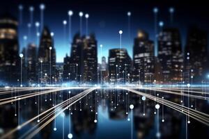 Futuristic cyberpunk digital smart city blue neon lights skyscrapers urban architecture building wireless network tech connection abstract background future technology virtual reality photo