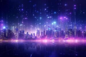 Futuristic cyberpunk digital smart city blue neon lights skyscrapers urban architecture building wireless network tech connection abstract background future technology virtual reality photo