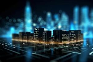 Futuristic cyberpunk digital smart city blue neon lights skyscrapers urban architecture building wireless network tech connection abstract background future technology virtual reality photo