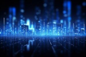 Futuristic cyberpunk digital smart city blue neon lights skyscrapers urban architecture building wireless network tech connection abstract background future technology virtual reality photo