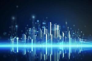 Futuristic cyberpunk digital smart city blue neon lights skyscrapers urban architecture building wireless network tech connection abstract background future technology virtual reality photo