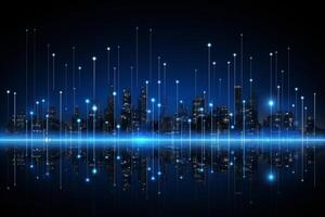 Futuristic cyberpunk digital smart city blue neon lights skyscrapers urban architecture building wireless network tech connection abstract background future technology virtual reality photo