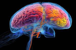 Side view colorful glowing neon human brain parts intelligence scan anatomy neurology black background. Medical science artificial intelligence futuristic glowing plexus structure digital photo