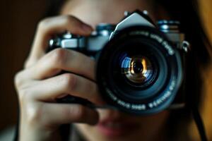 Woman photographer lens camera shot work hobby close up portrait picture zoom digital photo professional paparazzi technology agency business image job creativity occupation journalism