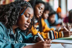 Young child doing homework preparing for test exercise exam education system learning writing notes kid studying drawing interactive lessons home book interested engaged elementary school photo