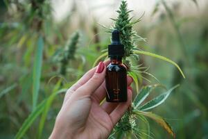 Hand holding cbd flask cannabis herbal alternative medicine hemp essential oil pipette hashish grass narcotic plant extract drug bottle cannabidiol addictive legal marijuana health organic weed nature photo