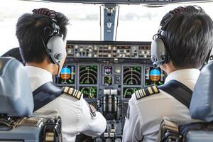 Two pilots flying cockpit aircraft controls travel airlines plane airplane transportation flight crew professionals navigating jet adults experienced officer commercial transport tourism photo