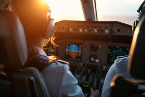 Two pilots flying cockpit aircraft controls travel airlines plane airplane transportation flight crew professionals navigating jet adults experienced officer commercial transport tourism photo