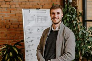 Young startup leader entrepreneur ready to present idea discuss on whiteboard investors meeting founder diversity equity equality and inclusion teamwork teambuilding exercise business photo