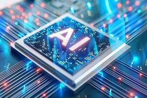 A computer chip with the word Ethical AI on it. The chip is surrounded by a blue and red glow photo