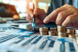 Smiling successful accountant calculating profits corporate ceo manager accounting team leader financial advisor presenting charts information data analysis graphs calculations costs photo