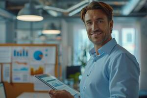 Smiling successful accountant calculating profits corporate ceo manager accounting team leader financial advisor presenting charts information data analysis graphs calculations costs photo