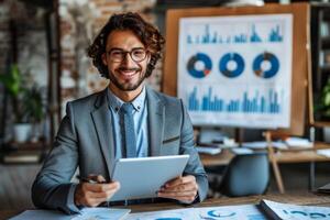 Smiling successful accountant calculating profits corporate ceo manager accounting team leader financial advisor presenting charts information data analysis graphs calculations costs photo