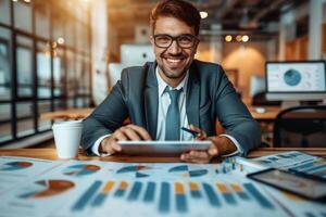 Smiling successful accountant calculating profits corporate ceo manager accounting team leader financial advisor presenting charts information data analysis graphs calculations costs photo