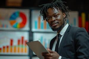Smiling successful accountant calculating profits corporate ceo manager accounting team leader financial advisor presenting charts information data analysis graphs calculations costs photo