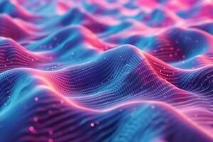 A colorful, abstract image of a pink and blue ocean with mountains in the background. The waves are wavy and the mountains are tall and jagged. Scene is one of serenity and tranquility photo