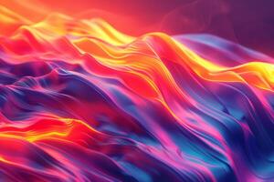 A colorful, abstract image of a pink and blue ocean with mountains in the background. The waves are wavy and the mountains are tall and jagged. Scene is one of serenity and tranquility photo