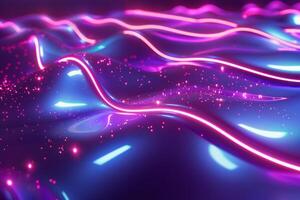 A colorful, abstract image of a pink and blue ocean with mountains in the background. The waves are wavy and the mountains are tall and jagged. Scene is one of serenity and tranquility photo