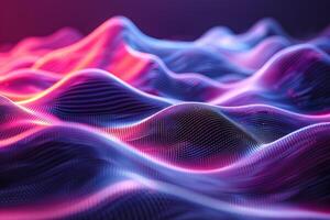 A colorful, abstract image of a pink and blue ocean with mountains in the background. The waves are wavy and the mountains are tall and jagged. Scene is one of serenity and tranquility photo