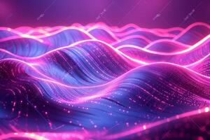 A colorful, abstract image of a pink and blue ocean with mountains in the background. The waves are wavy and the mountains are tall and jagged. Scene is one of serenity and tranquility photo