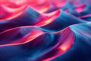 A colorful, abstract image of a pink and blue ocean with mountains in the background. The waves are wavy and the mountains are tall and jagged. Scene is one of serenity and tranquility photo