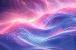 A colorful, abstract image of a pink and blue ocean with mountains in the background. The waves are wavy and the mountains are tall and jagged. Scene is one of serenity and tranquility photo
