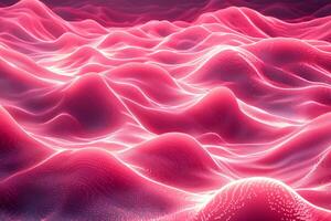 A colorful, abstract image of a pink and blue ocean with mountains in the background. The waves are wavy and the mountains are tall and jagged. Scene is one of serenity and tranquility photo