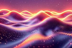 A colorful, abstract image of a pink and blue ocean with mountains in the background. The waves are wavy and the mountains are tall and jagged. Scene is one of serenity and tranquility photo