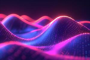 A colorful, abstract image of a pink and blue ocean with mountains in the background. The waves are wavy and the mountains are tall and jagged. Scene is one of serenity and tranquility photo