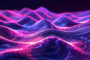 A colorful, abstract image of a pink and blue ocean with mountains in the background. The waves are wavy and the mountains are tall and jagged. Scene is one of serenity and tranquility photo