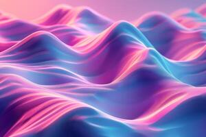 A colorful, abstract image of a pink and blue ocean with mountains in the background. The waves are wavy and the mountains are tall and jagged. Scene is one of serenity and tranquility photo