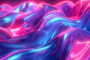 A colorful, abstract image of a pink and blue ocean with mountains in the background. The waves are wavy and the mountains are tall and jagged. Scene is one of serenity and tranquility photo