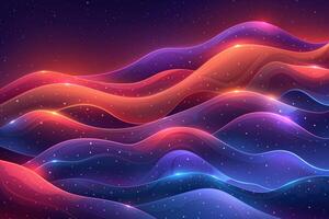 A colorful, abstract image of a pink and blue ocean with mountains in the background. The waves are wavy and the mountains are tall and jagged. Scene is one of serenity and tranquility photo