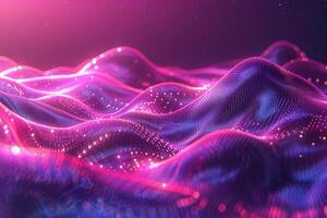A colorful, abstract image of a pink and blue ocean with mountains in the background. The waves are wavy and the mountains are tall and jagged. Scene is one of serenity and tranquility photo