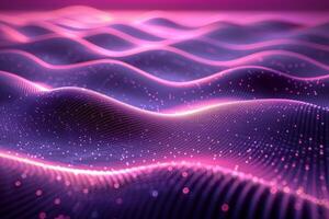 A colorful, abstract image of a pink and blue ocean with mountains in the background. The waves are wavy and the mountains are tall and jagged. Scene is one of serenity and tranquility photo