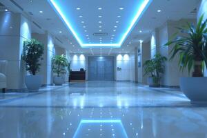 A large, empty office room with a sun shining through the windows. Modern space is made of glass and has a shiny, reflective surface photo