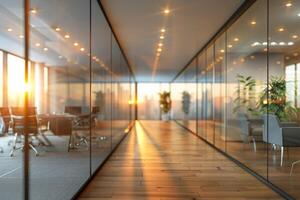 A large, empty office room with a sun shining through the windows. Modern space is made of glass and has a shiny, reflective surface photo