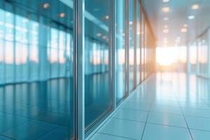 A large, empty office room with a sun shining through the windows. Modern space is made of glass and has a shiny, reflective surface photo