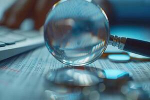 Audit internal financial advice investigation accounting glasses calculator on paper paperwork archive pile of documents analytics data analysis research numbers statistics confidential photo