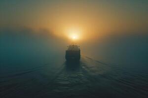 A large cargo ship is sailing through the ocean with the sun setting in the background. The ship is the main focus of the image, and the sun's reflection on the water creates a serene photo