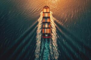 A large cargo ship is sailing through the ocean with the sun setting in the background. The ship is the main focus of the image, and the sun's reflection on the water creates a serene photo