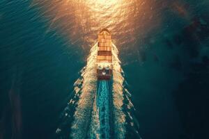 A large cargo ship is sailing through the ocean with the sun setting in the background. The ship is the main focus of the image, and the sun's reflection on the water creates a serene photo