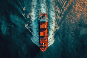 A large cargo ship is sailing through the ocean with the sun setting in the background. The ship is the main focus of the image, and the sun's reflection on the water creates a serene photo