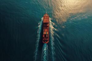 A large cargo ship is sailing through the ocean with the sun setting in the background. The ship is the main focus of the image, and the sun's reflection on the water creates a serene photo